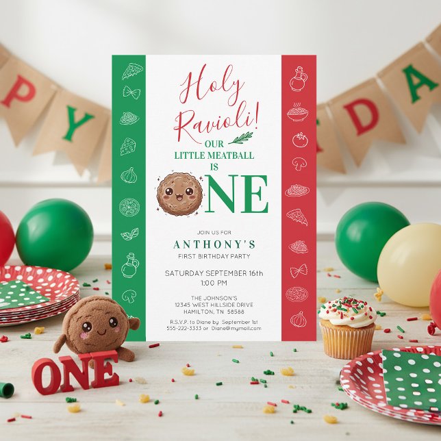 Invitación Nuestra pequeña albóndiga cumple años  (Holy Ravioli! Our Little Meatball is One Boy's Italian Birthday Party Invitation)