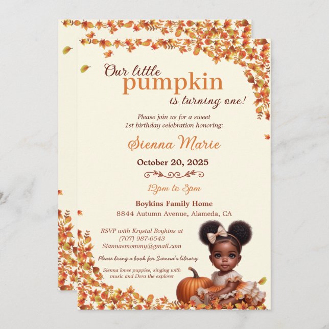 Invitación Nuestra pequeña calabaza afro novilla bebé cumplea (Anverso / Reverso)