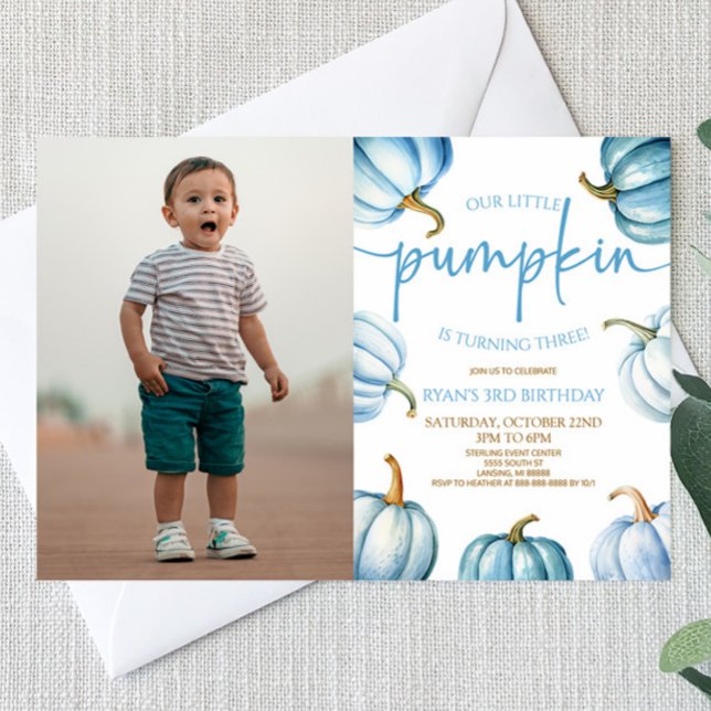 Invitación Nuestra pequeña calabaza Azul White Fall Fiesta de (Subido por el creador)
