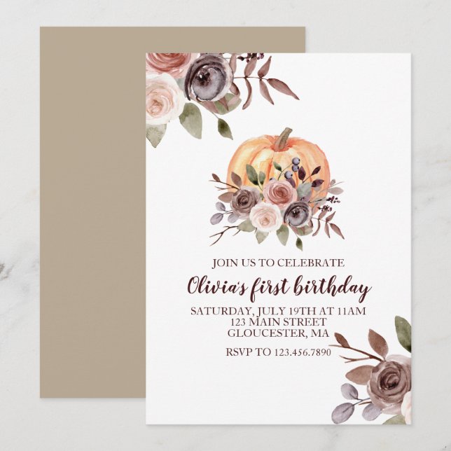 Invitación Nuestra pequeña calabaza cae florida primer cumple (Anverso / Reverso)