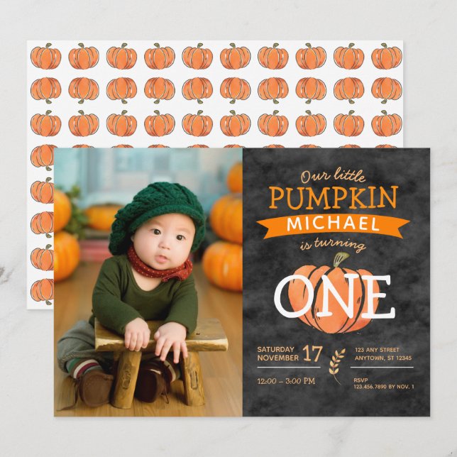 Invitación Nuestra pequeña calabaza Cae Foto de cumpleaños (Anverso / Reverso)