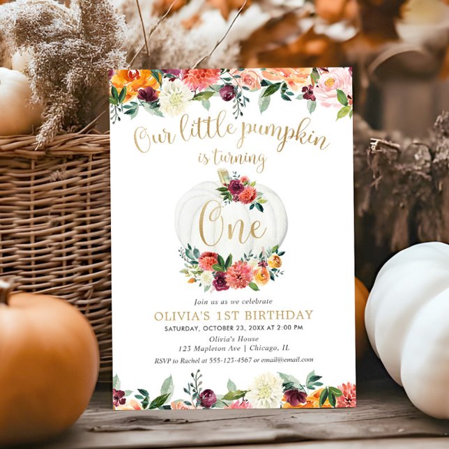Invitación Nuestra pequeña calabaza cae oro borgoñoso floral (Subido por el creador)