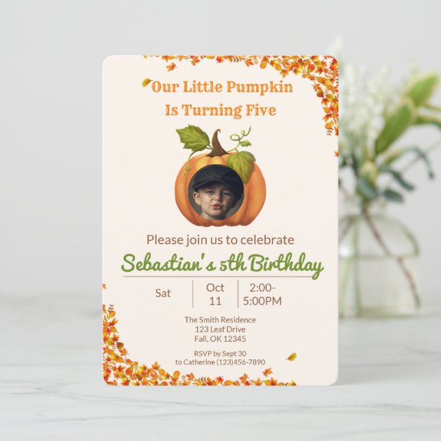 Invitación Nuestra pequeña calabaza foto de cumpleaños (Anverso de pie)