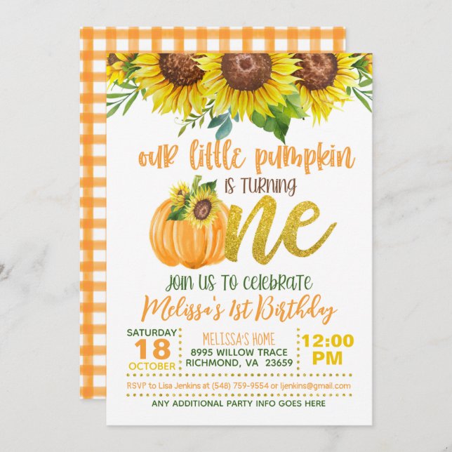 Invitación Nuestra pequeña calabaza (girasol) está cumpliendo (Anverso / Reverso)
