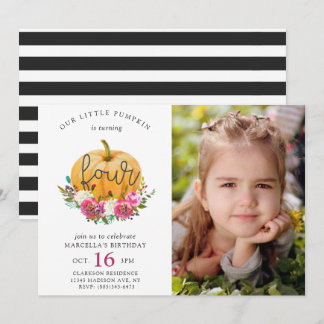 Invitación Nuestra Pequeña Calabaza Otoño Floral 4to Cumpleañ