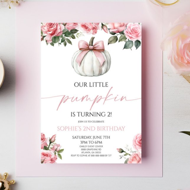 Invitación Nuestra pequeña calabaza Pink Bow Floral Birday Pa (Subido por el creador)