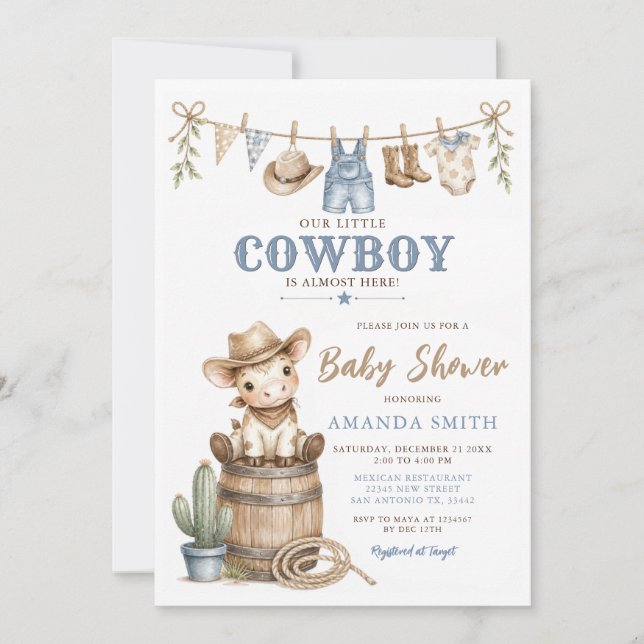 Invitación Nuestra pequeña ducha de bebé de vaquero moderno (Anverso)