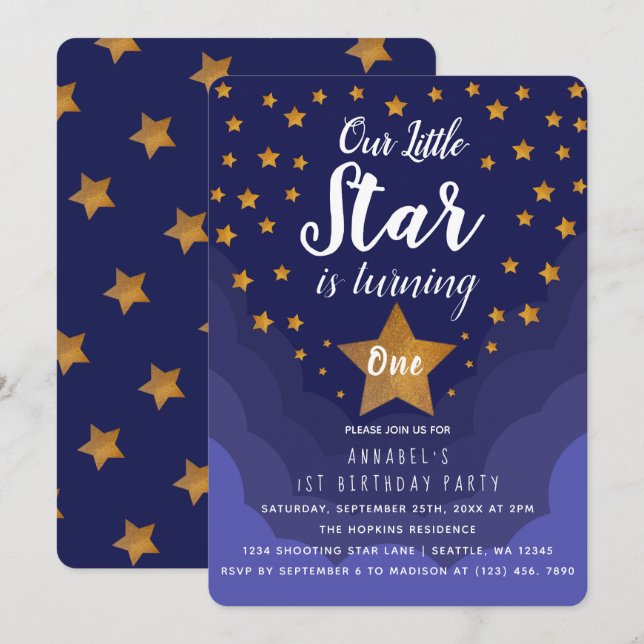 Invitación Nuestra pequeña estrella es el primer cumpleaños (Anverso / Reverso)