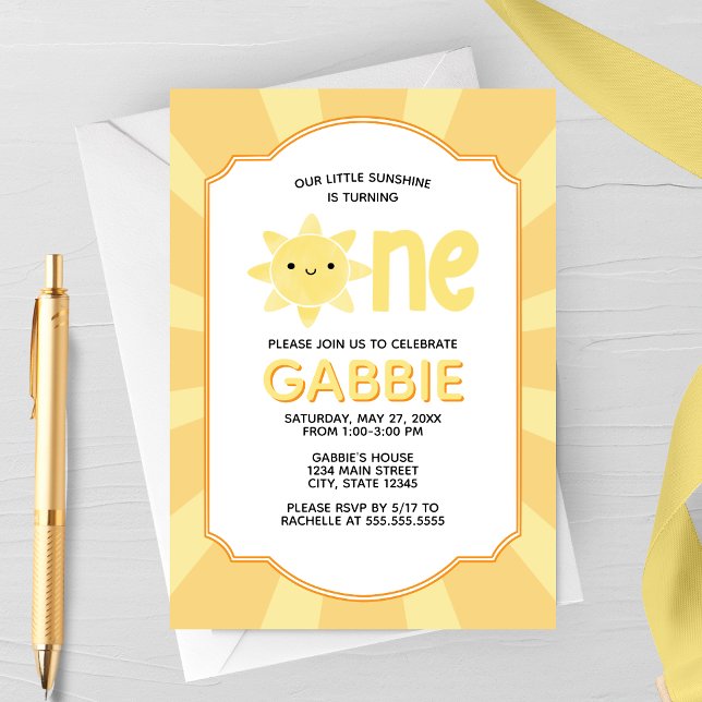 Invitación Nuestra Pequeña Fiesta de Cumpleaños de Sunshine (Yellow Sun One Birthday Party Invite | Summer Baby Birthday Invitation)
