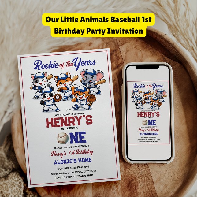 Invitación Nuestra pequeña fiesta de cumpleaños número 1 de b (Our Little Animals Baseball 1st Birthday Party Invitation
)