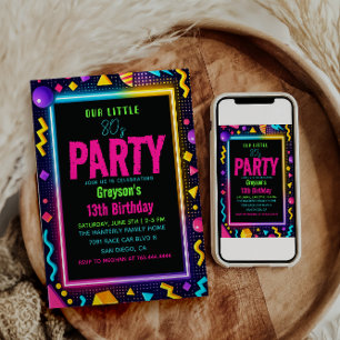 Invitación nuestra pequeña fiesta de cumpleaños Retro Neon de