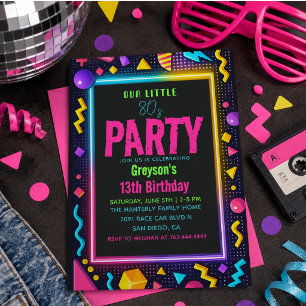 Invitación nuestra pequeña fiesta de cumpleaños Retro Neon de