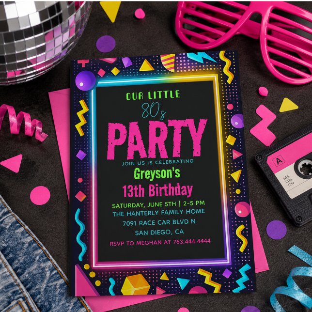 Invitación nuestra pequeña fiesta de cumpleaños Retro Neon de (our little Retro Neon 80's Birthday Party Invitation)