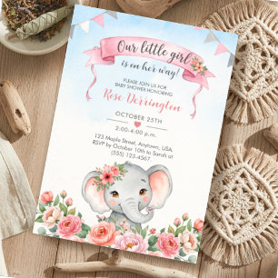 Invitación Nuestra Pequeña Fiesta Floral de Elefante para Bab