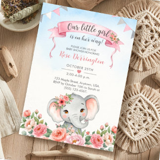 Invitación Nuestra Pequeña Fiesta Floral de Elefante para Bab