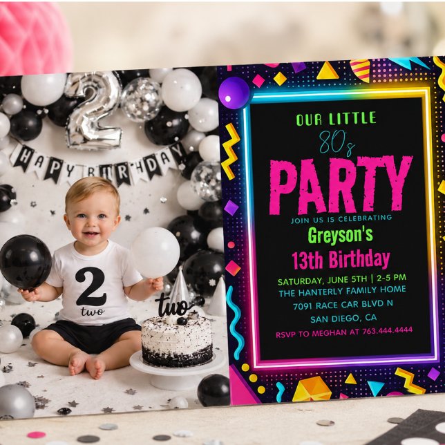 Invitación nuestra pequeña foto de fiesta de cumpleaños Retro (our little Retro Neon 80's Birthday Party photo Invitation)
