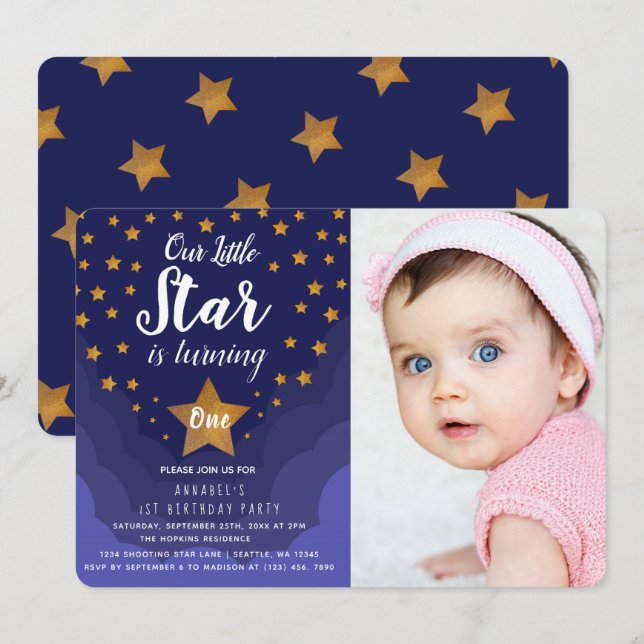 Invitación Nuestra pequeña foto del primer cumpleaños de Star (Anverso / Reverso)