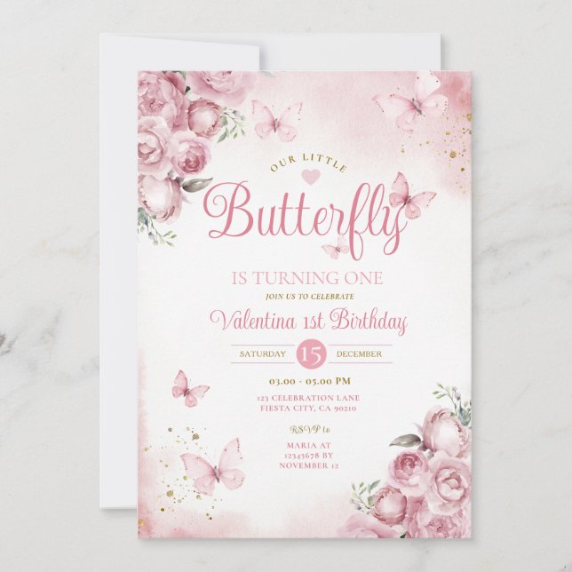 Invitación Nuestra pequeña mariposa cumple un año Flores rosa (Anverso)