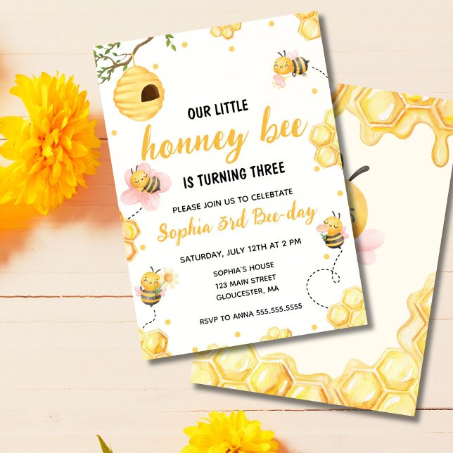 Invitación Nuestra Pequeña Miel Bumble Abeja Fiesta de Cumple (Cute honey bee birthday invitation perfect for kids’ bee themed party)