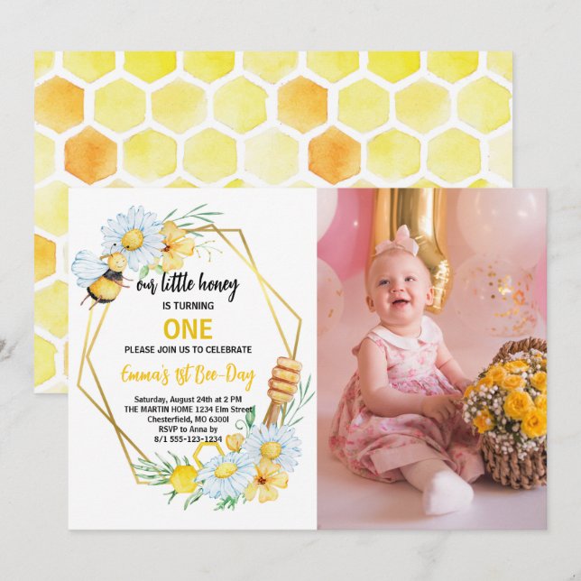 Invitación Nuestra Pequeña Miel Cumple Un Año Cumpleaños Abej (Anverso / Reverso)