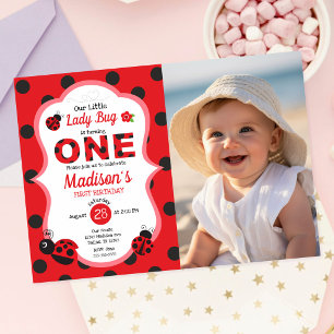 Invitación Nuestra Pequeña Niña Mariquita Foto Cumpleaños 1er