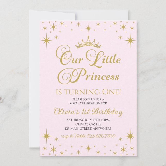 Invitación Nuestra pequeña princesa Cumpleaños dorado y rosa (Anverso)