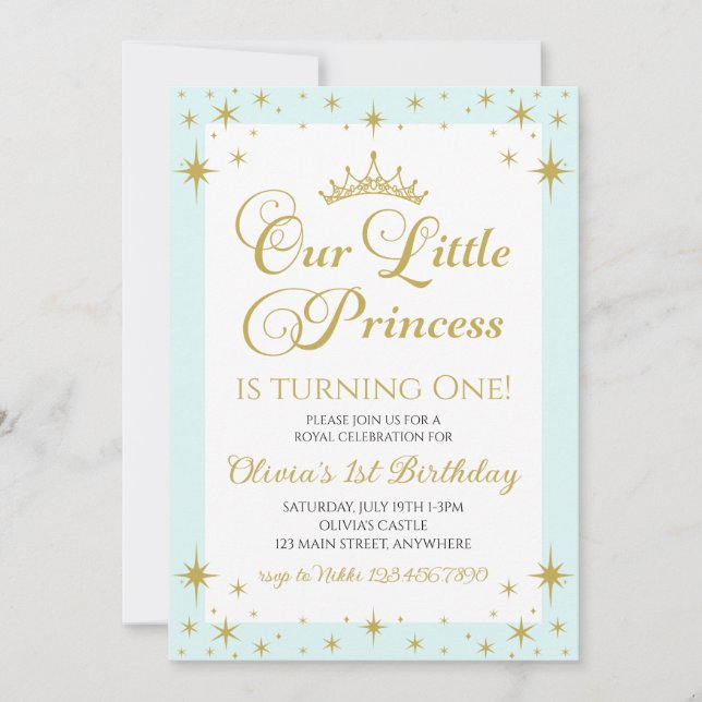 Invitación Nuestra pequeña princesa cumpleaños real oro y azu (Anverso)