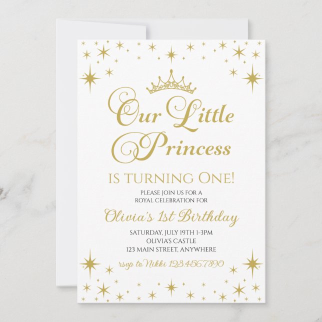 Invitación Nuestra pequeña princesa cumpleaños real oro y azu (Anverso)