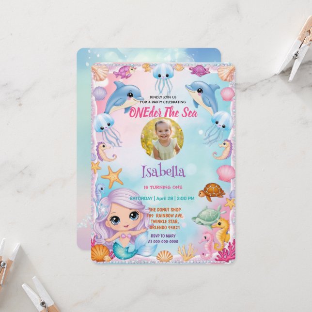 Invitación nuestra pequeña sirena 1ª Foto cumpleaños de veran (Anverso/Reverso In Situ)