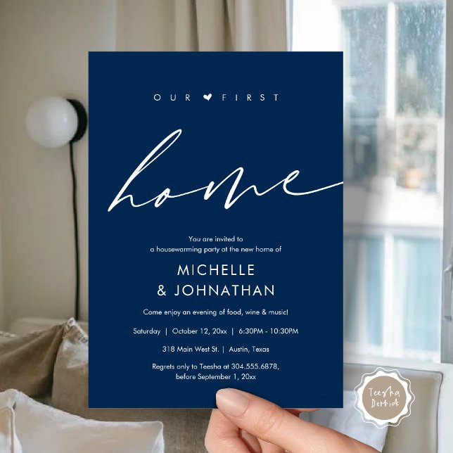 Invitación Nuestra primera casa, la celebración de los fiesta (Our first home, Housewarming party celebration Invitation Card, in Navy Blue)
