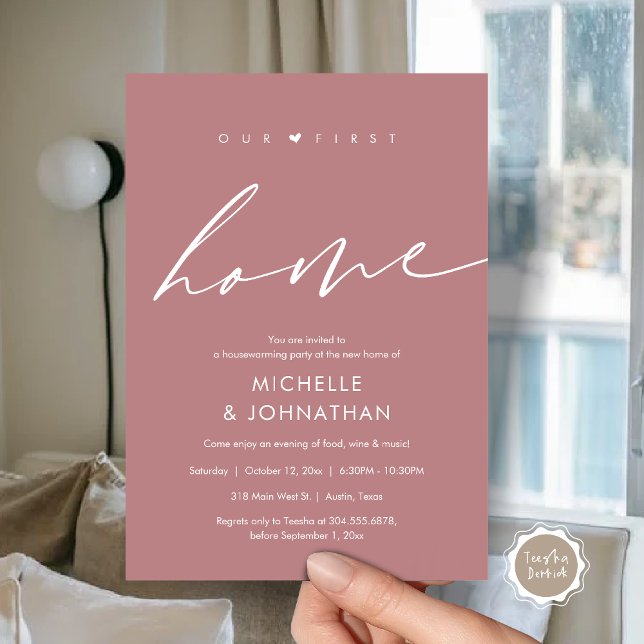 Invitación Nuestra primera casa, la celebración de los fiesta (Our first home, Housewarming party celebration Invitation Card, in Dusty Rose Pink)