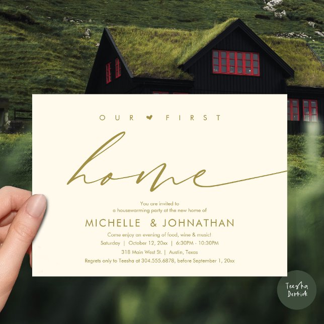 Invitación Nuestra primera casa, la celebración de los fiesta (Our first home, Housewarming party celebration Invitation Card, PDF, in retro yellow gold)