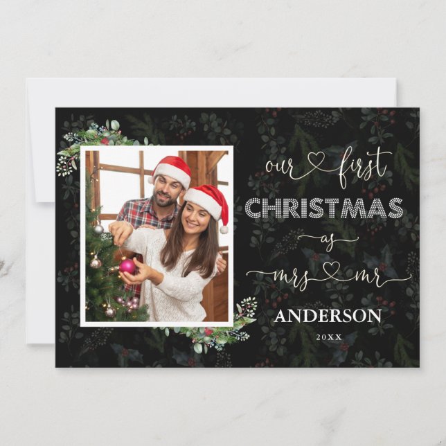 Invitación Nuestra primera Navidad como Mr. & Mrs Script Phot (Anverso)