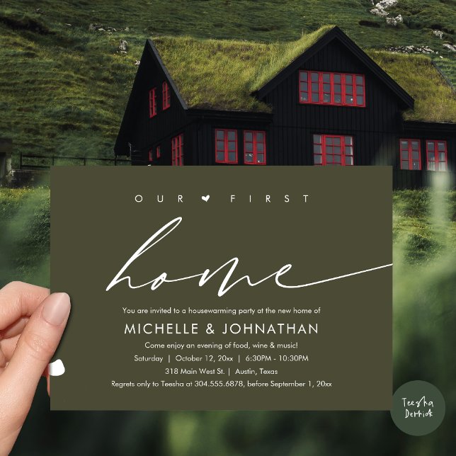 Invitación Nuestra primera nueva casa, la celebración de los  (Our First New Home, Housewarming Party Celebration Invitation Card, PDF, in Olive Green)