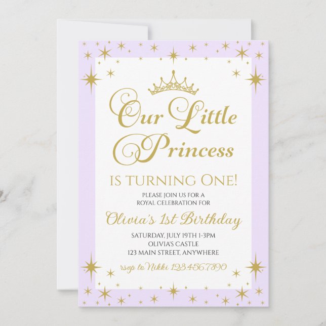 Invitación Nuestra princesa real oro y azul cumpleaños (Anverso)