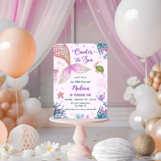 Invitación Nuestra sirena pequeña, una de antes de morir en e (Oneder the sea 1st birthday party invitation)