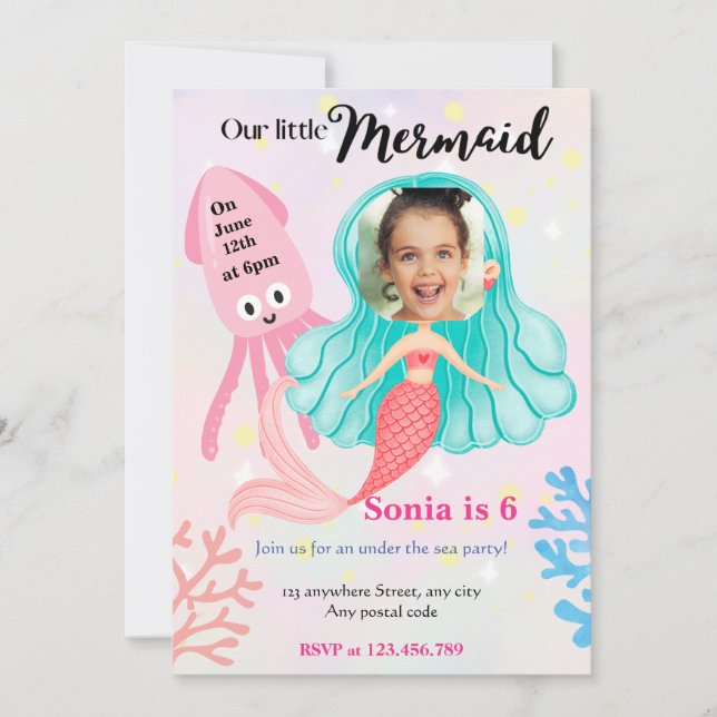 Invitación ¡Nuestra sirenita! Debajo del cumpleaños del mar (Anverso)