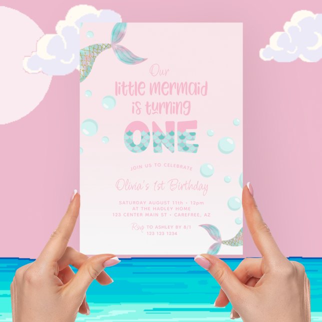 Invitación Nuestra Sirenita es un primer cumpleaños rosado (Subido por el creador)