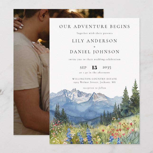 Invitación Nuestras Flores Silvestres de Montaña Foto Boda Ad (Anverso / Reverso)