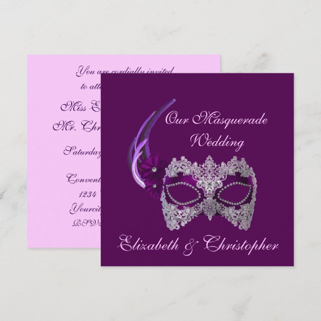 Invitación "Nuestro Boda de mascarada" - Máscara púrpura real (Anverso / Reverso)