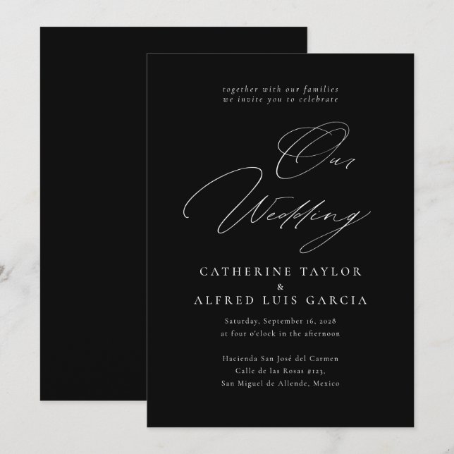 Invitación Nuestro Boda elegante caligrafía Boda negro (Anverso / Reverso)