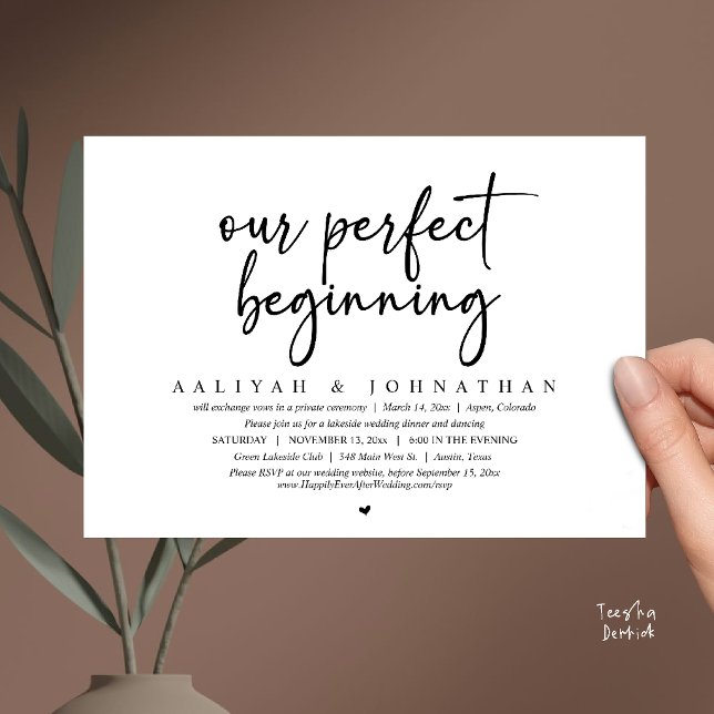 Invitación Nuestro comienzo perfecto, fiesta de boda clandest (Our Perfect Beginning, Wedding Elopement Party Invitation Card in Black and white)