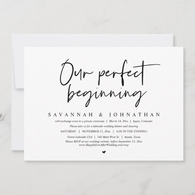 Invitación Nuestro Comienzo Perfecto, Fiesta de Elopement Bod (Anverso)