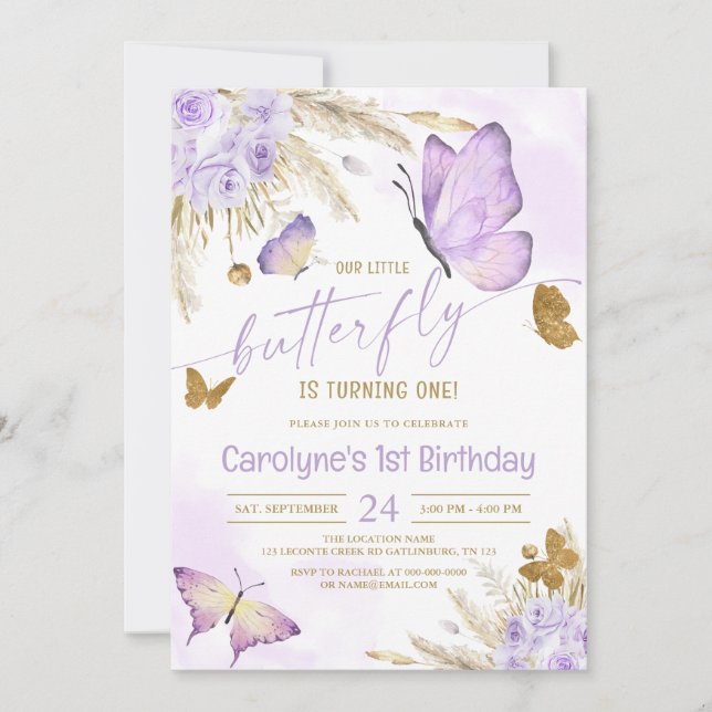 Invitación Nuestro cumpleaños de la mariposa púrpura de Boho (Anverso)