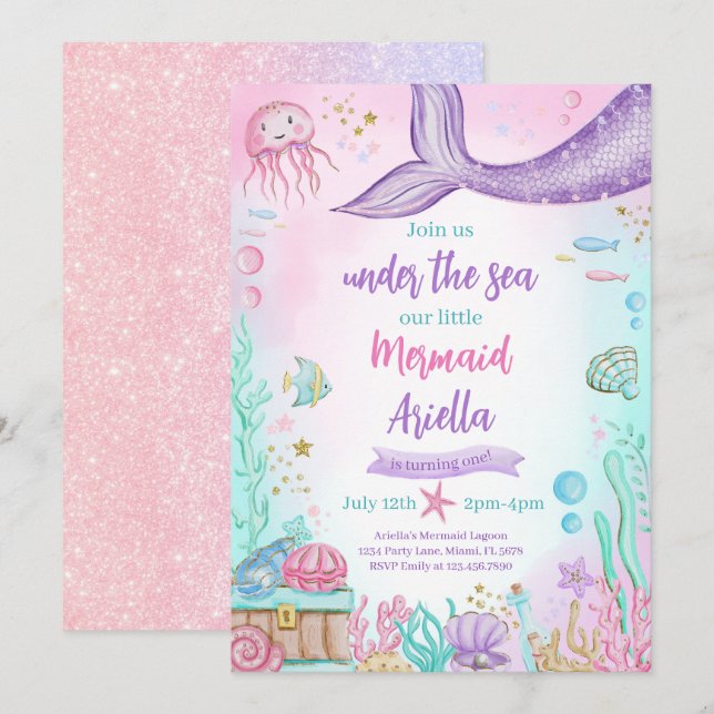 Invitación Nuestro cumpleaños de la sirena (Anverso / Reverso)