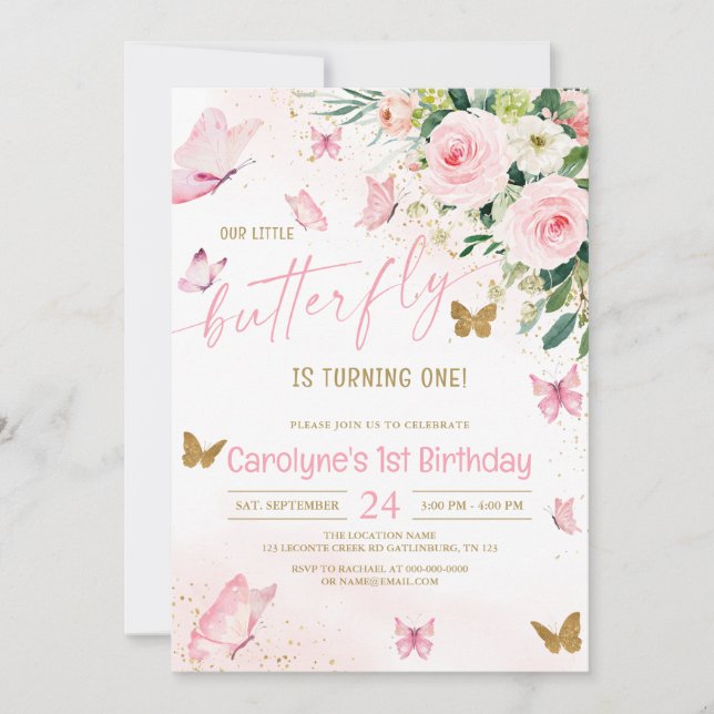 Invitación Nuestro cumpleaños floral rosado de mariposa (Anverso)