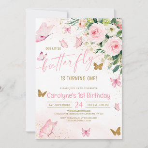 Invitación Nuestro cumpleaños floral rosado de mariposa