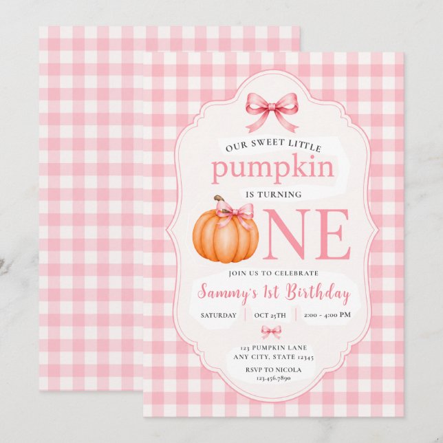 Invitación Nuestro Dulce Pequeño Pumpkin Primer Cumpleaños (Anverso / Reverso)