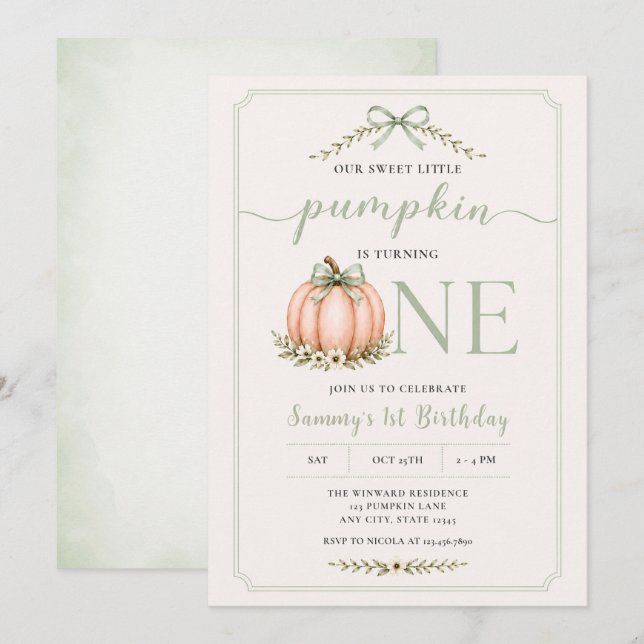Invitación Nuestro Dulce Pequeño Pumpkin Primer Cumpleaños (Anverso / Reverso)