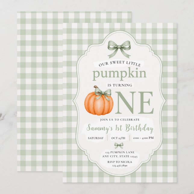Invitación Nuestro Dulce Pequeño Pumpkin Primer Cumpleaños (Anverso / Reverso)